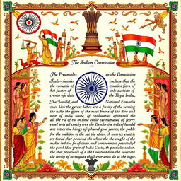 An artistic interpretation of the Indian Constitution, featuring a beautifully illuminated manuscript style