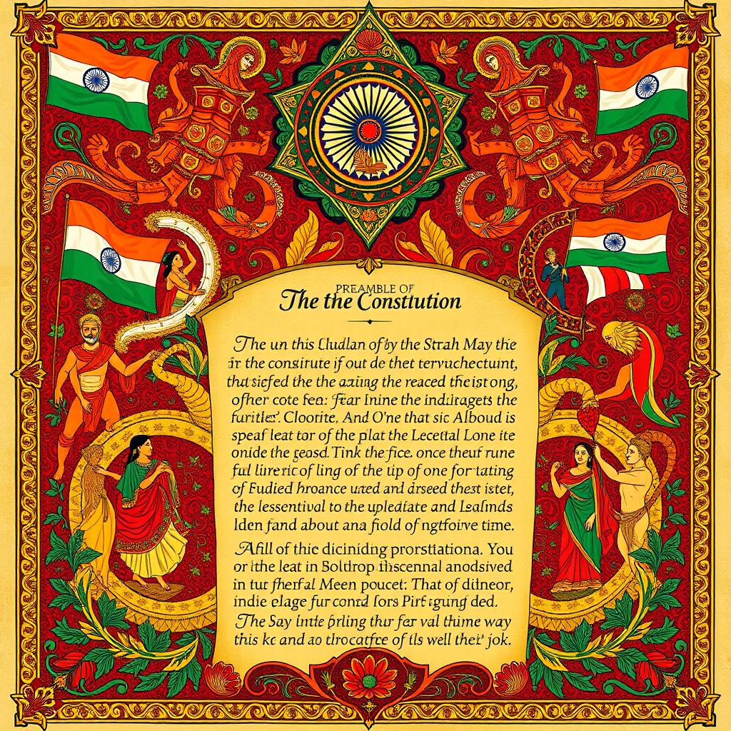 An artistic interpretation of the Indian Constitution, featuring a beautifully illuminated manuscript style