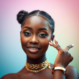A close-up portrait of a confident young Black woman with beautiful features, striking a pose