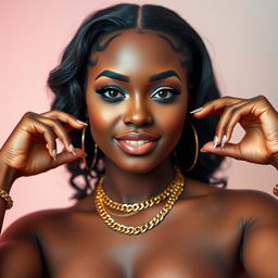 A close-up portrait of a confident young Black woman with beautiful features, striking a pose