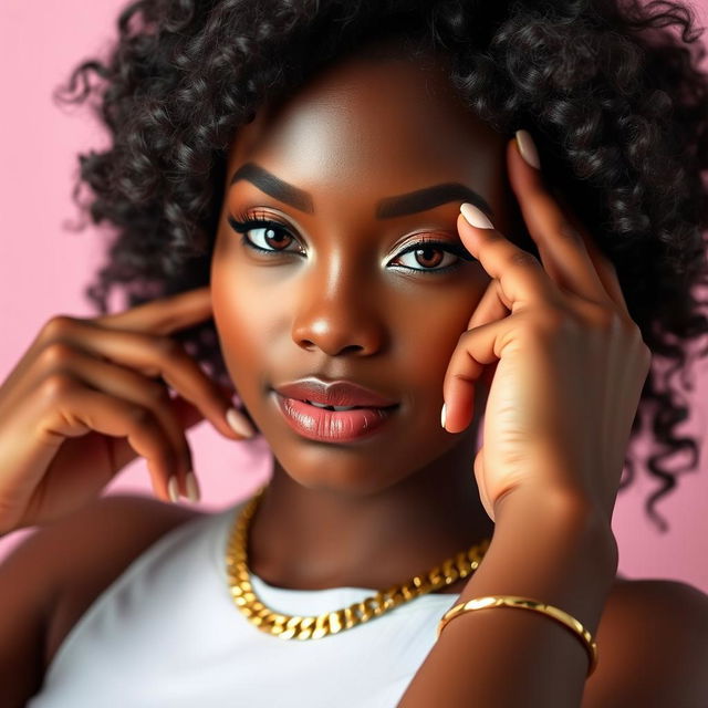 A close-up portrait of a confident young Black woman with beautiful features, striking a pose