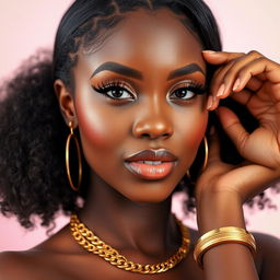 A close-up portrait of a confident young Black woman with beautiful features, striking a pose