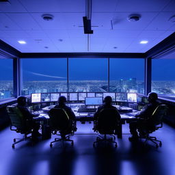 A well-lit glass penthouse office serving as a SWAT control room, featuring five officers sitting at screens. The design is influenced by the architectural details from the provided link.