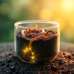 A futuristic depiction of artificial earthworms designed using advanced nanotechnology, realistically mimicking real earthworms