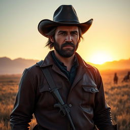 A rugged cowboy, styled like Arthur Morgan from Red Dead Redemption 2, wearing a worn leather duster, with a weathered cowboy hat and a holstered revolver