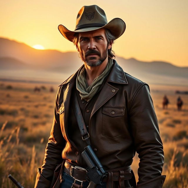 A rugged cowboy, styled like Arthur Morgan from Red Dead Redemption 2, wearing a worn leather duster, with a weathered cowboy hat and a holstered revolver