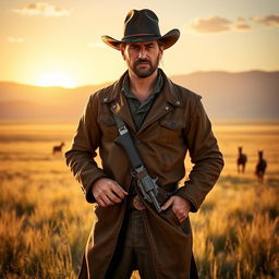 A rugged cowboy, styled like Arthur Morgan from Red Dead Redemption 2, wearing a worn leather duster, with a weathered cowboy hat and a holstered revolver