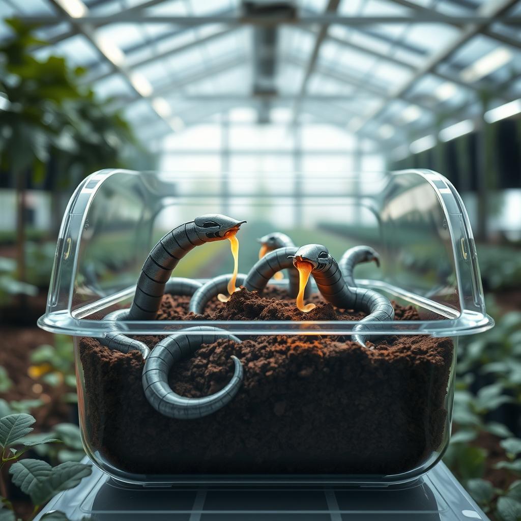 A futuristic scene showcasing artificial earthworms designed with advanced nano technology, depicted in a container filled with rich soil