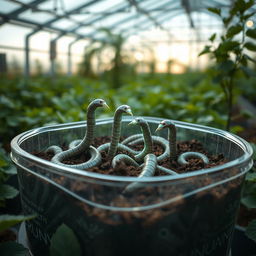 A futuristic scene showcasing artificial earthworms designed with advanced nano technology, depicted in a container filled with rich soil