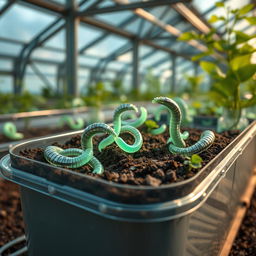 A futuristic scene showcasing artificial earthworms designed with advanced nano technology, depicted in a container filled with rich soil