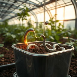 A futuristic scene showcasing artificial earthworms designed with advanced nano technology, depicted in a container filled with rich soil