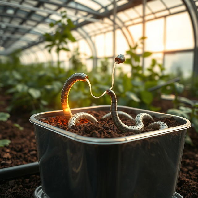 A futuristic scene showcasing artificial earthworms designed with advanced nano technology, depicted in a container filled with rich soil