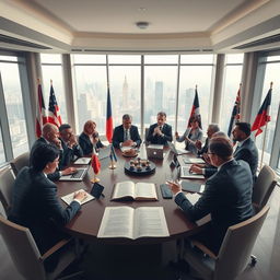 A dramatic scene depicting the concept of government in a contemporary context, featuring a roundtable discussion with diverse politicians and advisors in formal attire