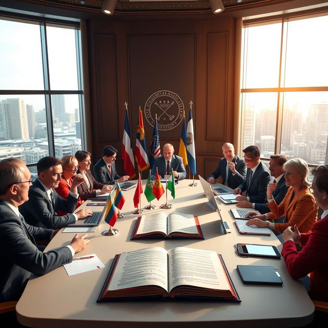 A dramatic scene depicting the concept of government in a contemporary context, featuring a roundtable discussion with diverse politicians and advisors in formal attire