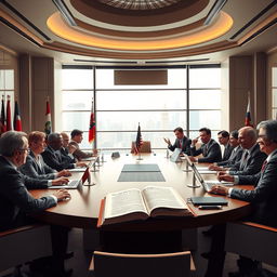 A dramatic scene depicting the concept of government in a contemporary context, featuring a roundtable discussion with diverse politicians and advisors in formal attire