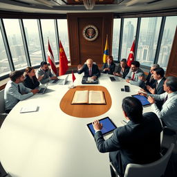 A dramatic scene depicting the concept of government in a contemporary context, featuring a roundtable discussion with diverse politicians and advisors in formal attire