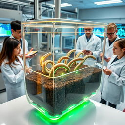 A high-tech laboratory setting featuring a transparent container filled with rich, dark soil