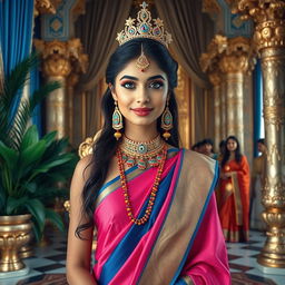 A beautiful Indian ethereal woman standing with her legs decorated in royal attire, framed in a full-body shot