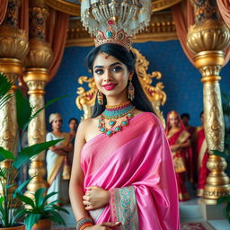 A beautiful Indian ethereal woman standing with her legs decorated in royal attire, framed in a full-body shot