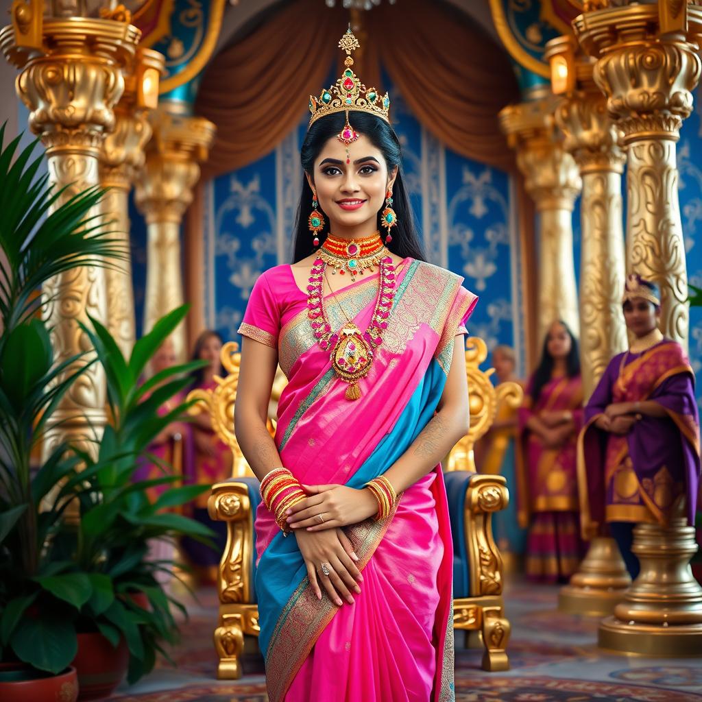 A beautiful Indian ethereal woman standing with her legs decorated in royal attire, framed in a full-body shot