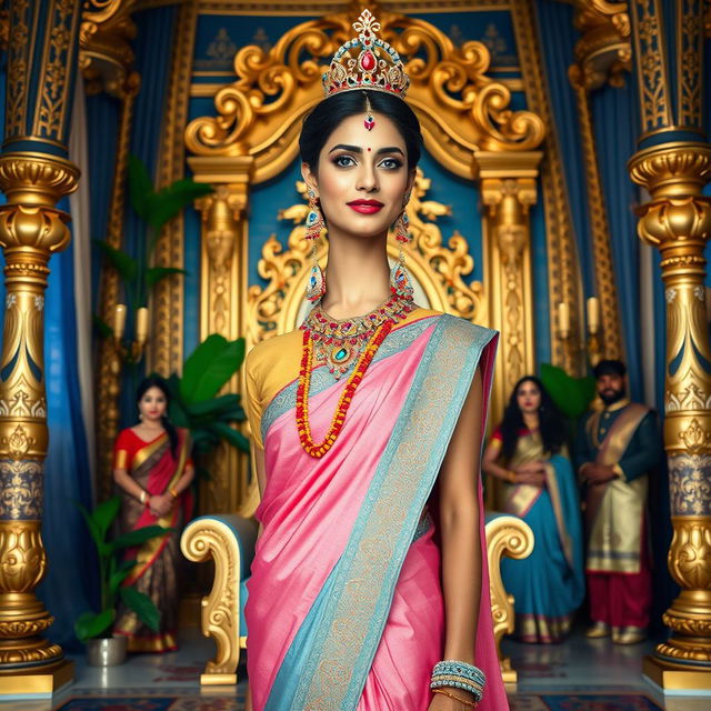 A beautiful Indian ethereal woman standing with her legs decorated in royal attire, framed in a full-body shot