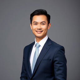 A formal portrait of a confident business professional, dressed in a tailored navy blue suit, white dress shirt, and a light blue tie