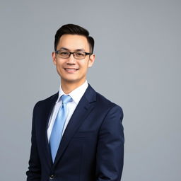 A formal portrait of a confident business professional, dressed in a tailored navy blue suit, white dress shirt, and a light blue tie