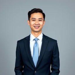 A formal portrait of a confident business professional, dressed in a tailored navy blue suit, white dress shirt, and a light blue tie