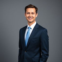 A formal portrait of a confident business professional, dressed in a tailored navy blue suit, white dress shirt, and a light blue tie