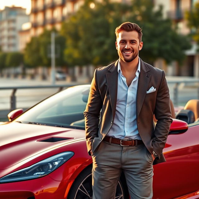 A confident man in a stylish outfit standing beside a sleek, luxury sports car