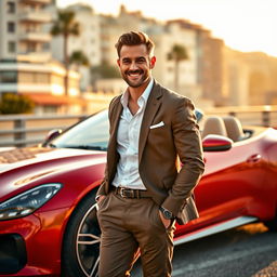 A confident man in a stylish outfit standing beside a sleek, luxury sports car