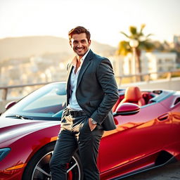A confident man in a stylish outfit standing beside a sleek, luxury sports car