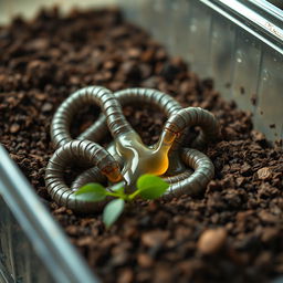 A futuristic depiction of artificial earthworms created using nanotechnology, actively working in a container filled with rich, dark soil