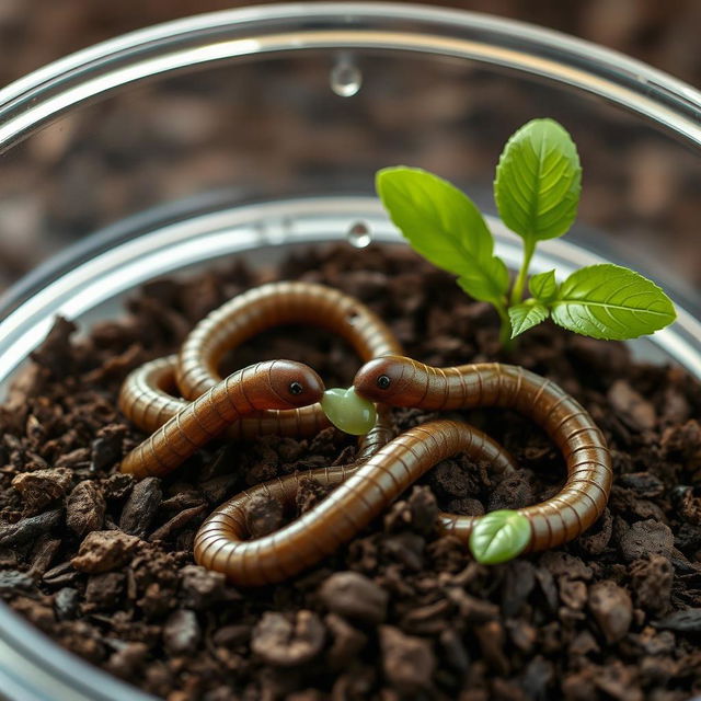 A futuristic depiction of artificial earthworms created using nanotechnology, actively working in a container filled with rich, dark soil