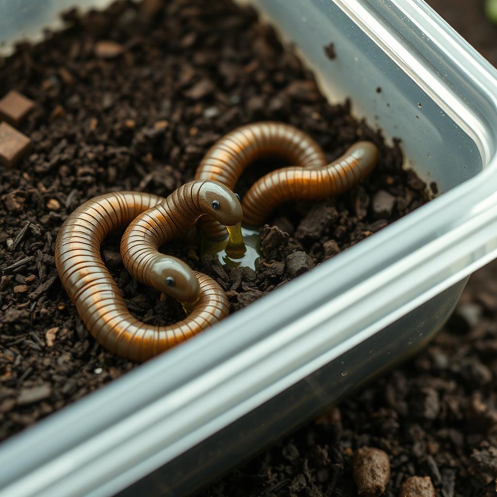 A futuristic depiction of artificial earthworms created using nanotechnology, actively working in a container filled with rich, dark soil