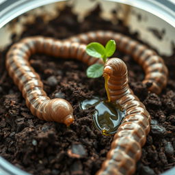 A futuristic depiction of artificial earthworms created using nanotechnology, actively working in a container filled with rich, dark soil