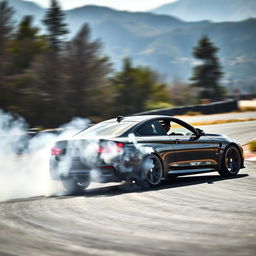 A sleek black BMW M4, expertly drifting on a winding asphalt track
