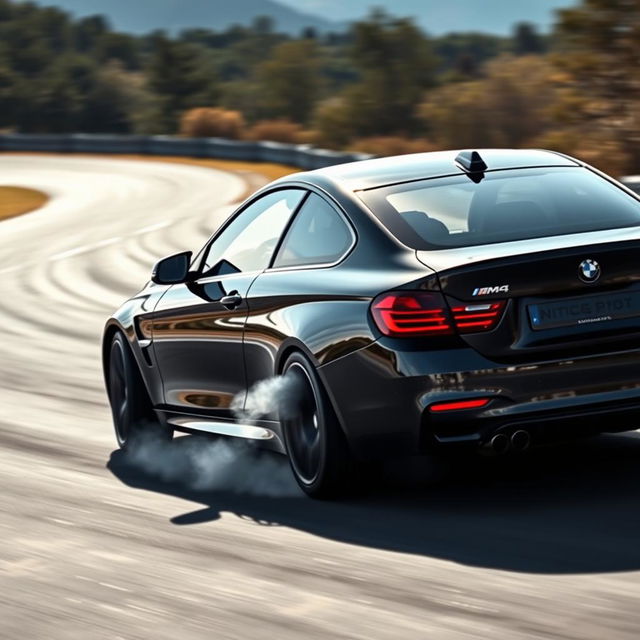 A sleek black BMW M4, expertly drifting on a winding asphalt track