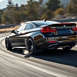 A sleek black BMW M4, expertly drifting on a winding asphalt track