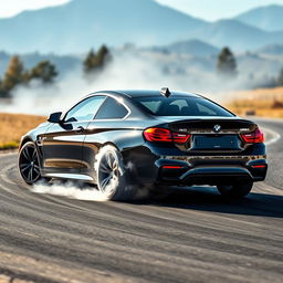 A sleek black BMW M4, expertly drifting on a winding asphalt track