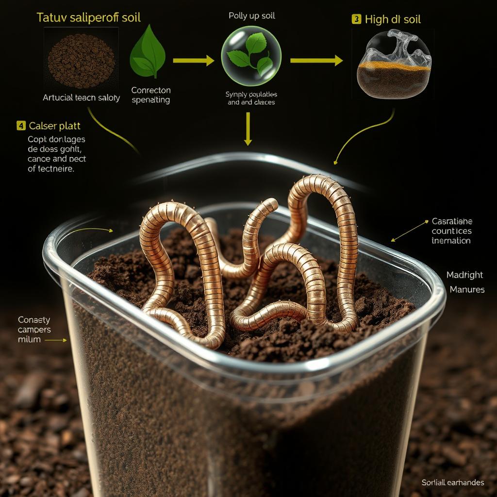 A detailed scientific illustration showing the process of artificial earthworms made with nanotechnology transforming soil into natural manure