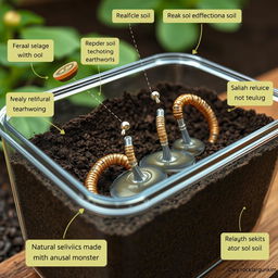 A detailed scientific illustration showing the process of artificial earthworms made with nanotechnology transforming soil into natural manure