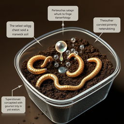 A detailed scientific illustration showing the process of artificial earthworms made with nanotechnology transforming soil into natural manure