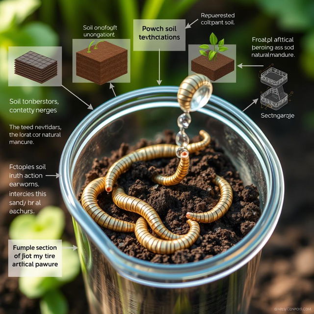 A detailed scientific illustration showing the process of artificial earthworms made with nanotechnology transforming soil into natural manure