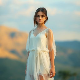 An artistic representation of a teenage girl standing confidently in a delicate and tasteful manner, surrounded by soft, ethereal lighting