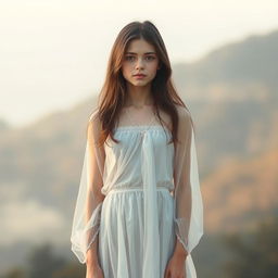 An artistic representation of a teenage girl standing confidently in a delicate and tasteful manner, surrounded by soft, ethereal lighting