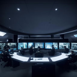 A well-lit glass penthouse office designed as a SWAT control room with five officers at screens on an arc-shaped console, and another officer at a detached desk with a screen, incorporating architectural details from the provided link.