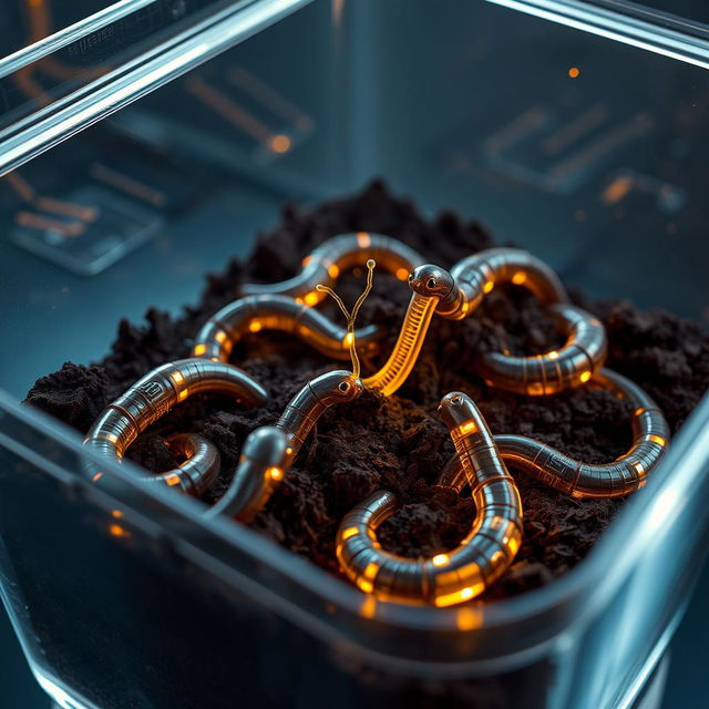 A futuristic scene depicting artificial earthworms made through nanotechnology that function like real earthworms