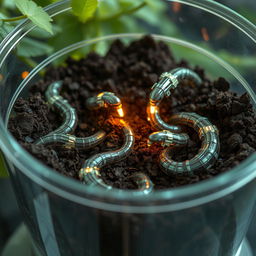 A futuristic scene depicting artificial earthworms made through nanotechnology that function like real earthworms