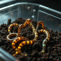 A futuristic scene depicting artificial earthworms made through nanotechnology that function like real earthworms